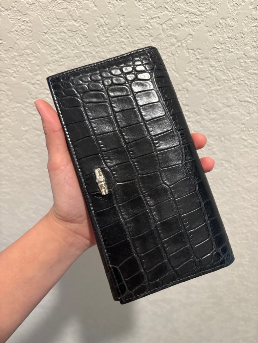 Longchamp Black Leather Croc Leather Embossed Long Snap Wallet - Picture 11 of 12